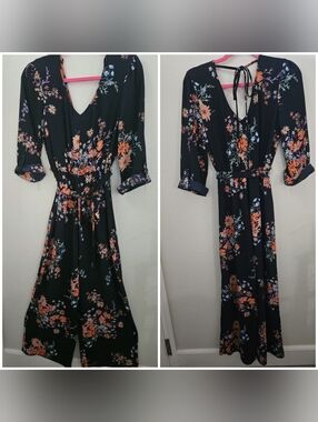 WRAPPER Floral Ankle Length Jumpsuit | Open Tie Back 3/4 Sleeve - Small